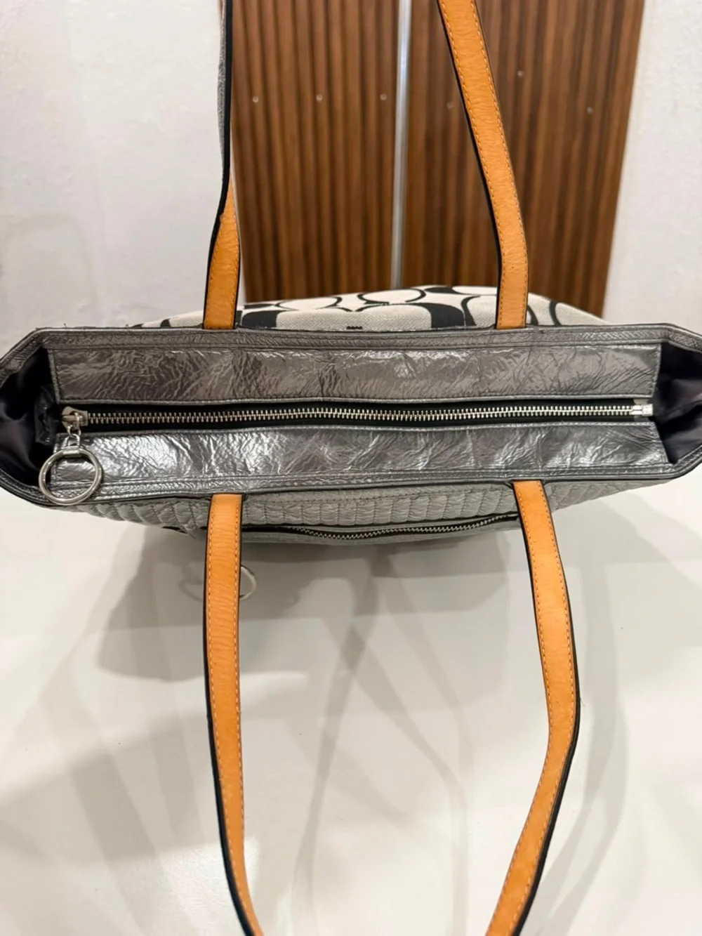 Coach Poppy Silver Quilted Metallic Signature Monogram Gray Black Tote #18676